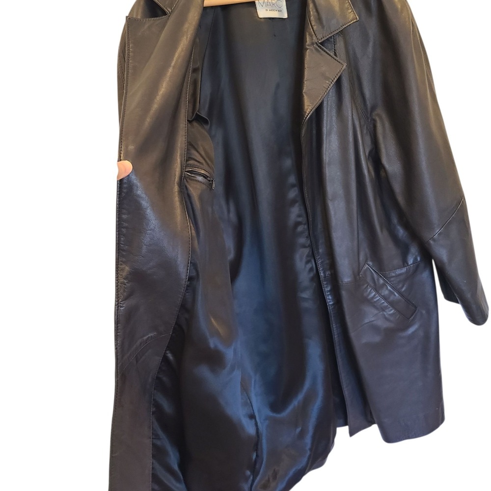Andrew Marc Black Leather Oversized‎ Open Front Lapel Trench Coat Long Large - Picture 6 of 8